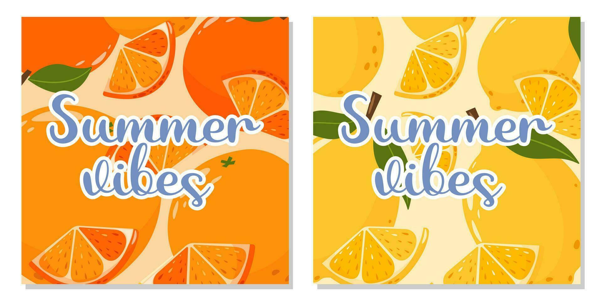 Set of fruit cards with text summer vibes. Lemon and orange background. Summer vector square illustration for banner, poster, flyer, social media