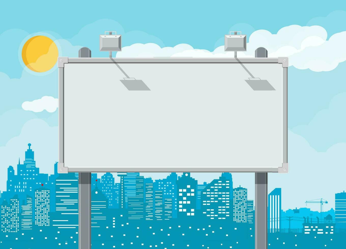 Empty urban big board or billboard with lamp. Blank mockup. Marketing and advertisement. Cityscape background with buildings, sky and clouds. Vector illustration in flat style