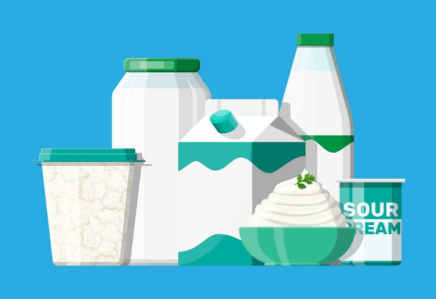 Sour milk products set with sourcream, yogurt and curd. Dairy food. Tradicional fresh farm products. Vector illustration in flat style