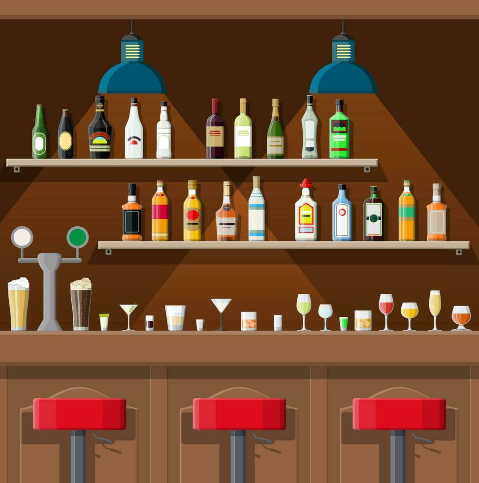 Bebiendo establecimiento. interior de pub, café o bar. bar encimera, sillas y estantería con alcohol botellas anteojos, lámpara. de madera decoración. vector ilustración en plano estilo