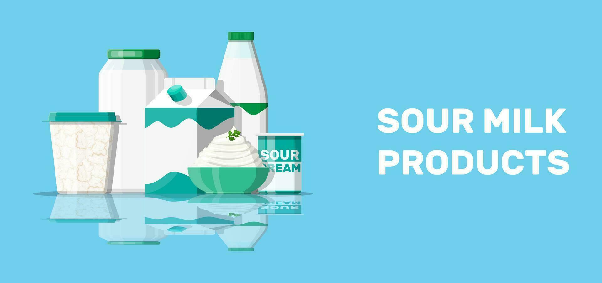 Sour milk products set with sourcream, yogurt and curd. Dairy food. Tradicional fresh farm products. Vector illustration in flat style