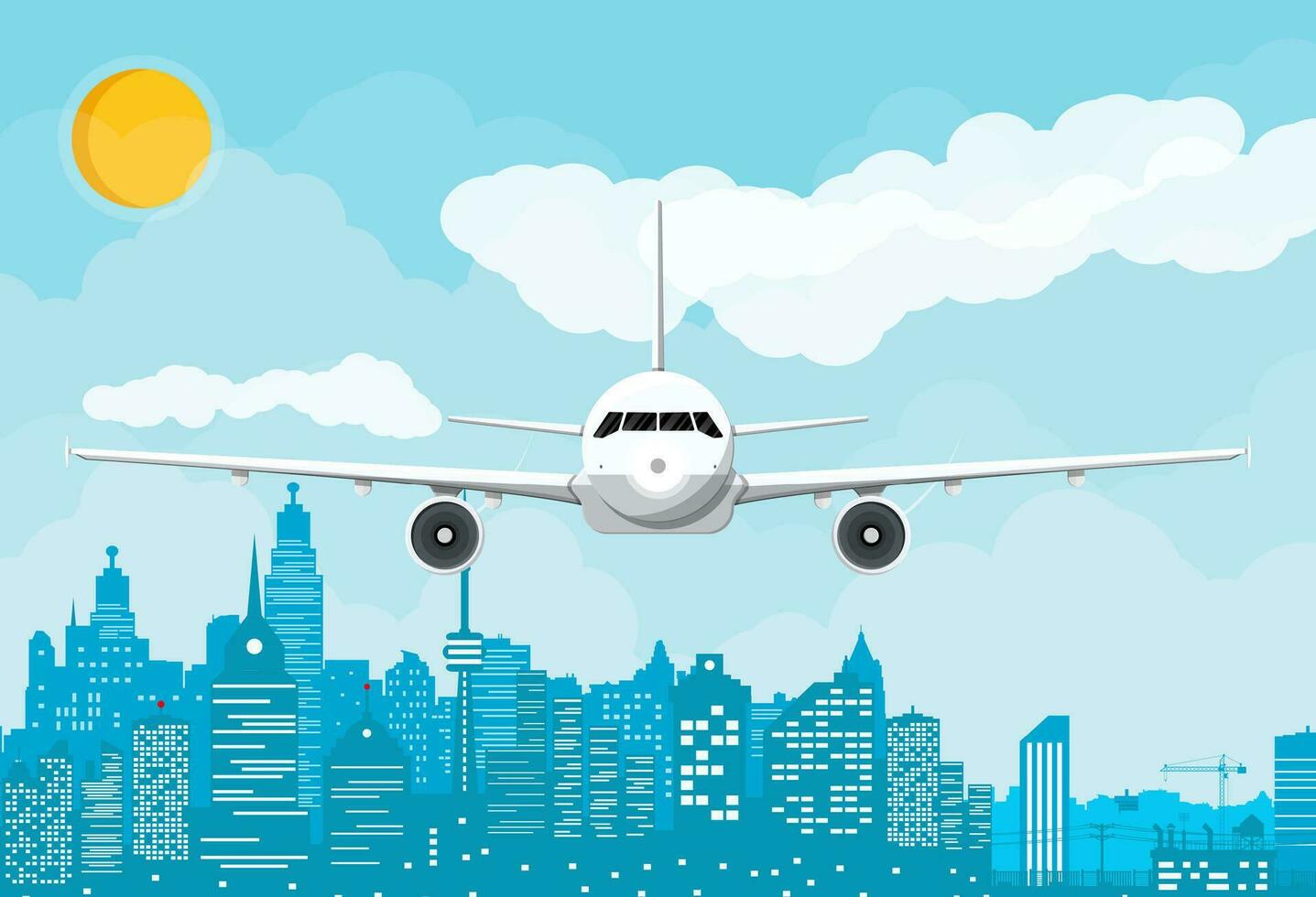 Airplane and city skyline silhouette at day. Skyscappers, towers, office and residental buildings. Cityscape in daytime, sky, clouds and sun. Vector illustration
