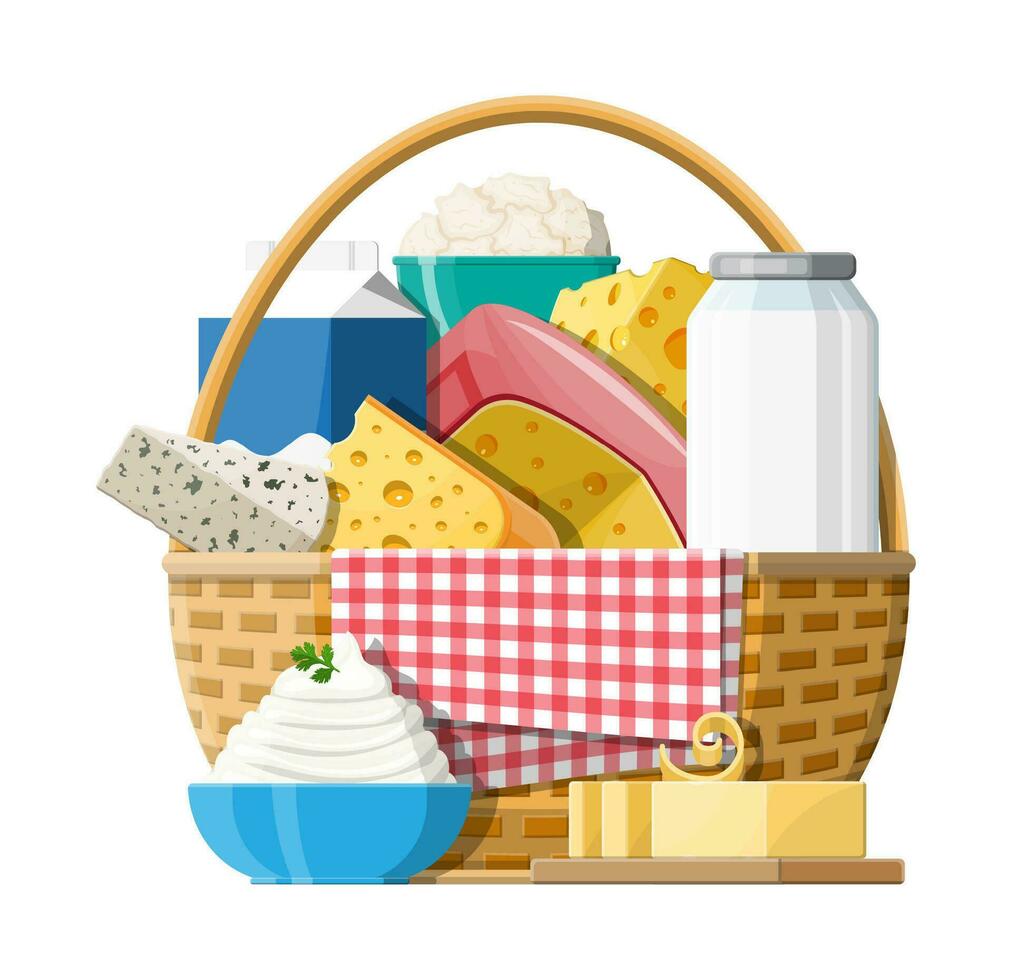 Milk products set in wicker basket with cheese, cottage and butter. Dairy food. Tradicional fresh farm products. Vector illustration in flat style