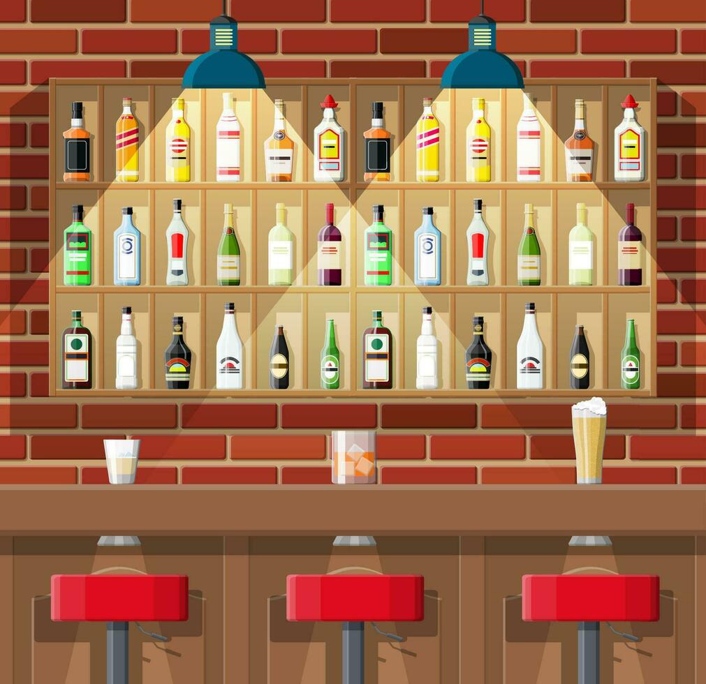 Drinking establishment. Interior of pub, cafe or bar. Bar counter, chairs and shelves with alcohol bottles. Glasses, lamp. Wooden and brick decor. Vector illustration in flat style