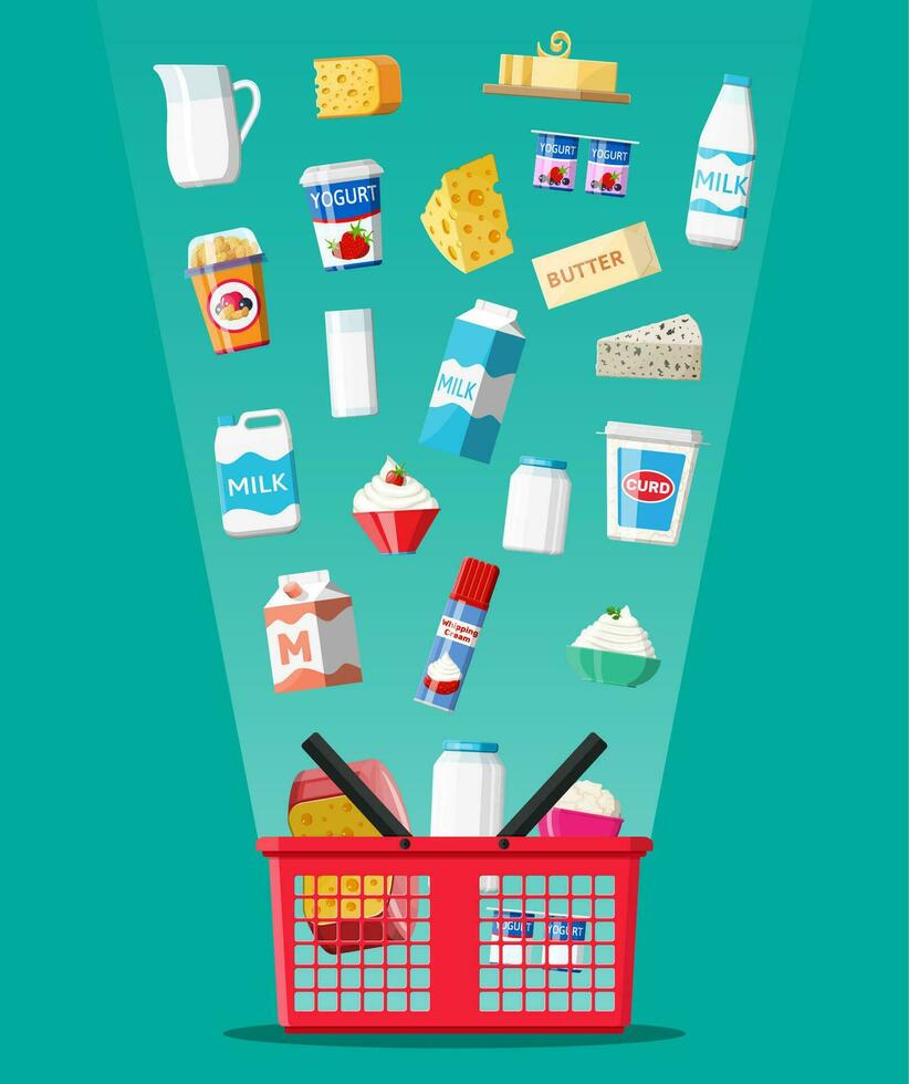 Milk products set in plastic shopping basket with cheese, cottage and butter. Dairy food. Tradicional fresh farm products. Vector illustration in flat style