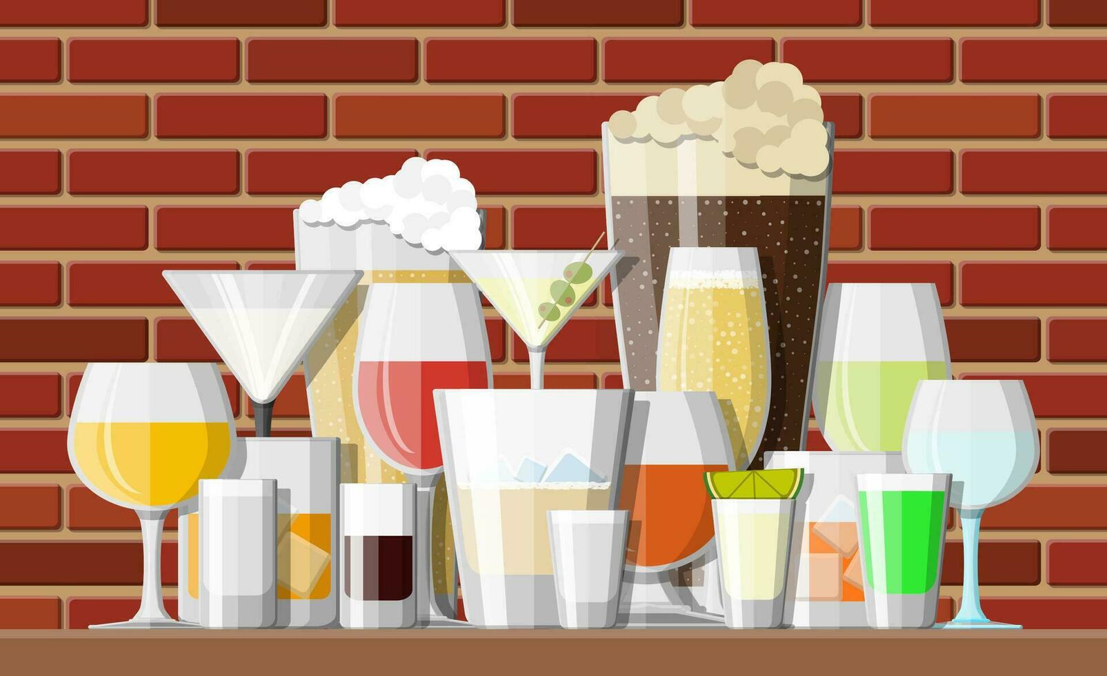 Alcohol drinks collection in glasses in bar. Vodka champagne wine whiskey beer brandy tequila cognac liquor vermouth gin rum absinthe sambuca cider bourbon. Vector illustration in flat style.