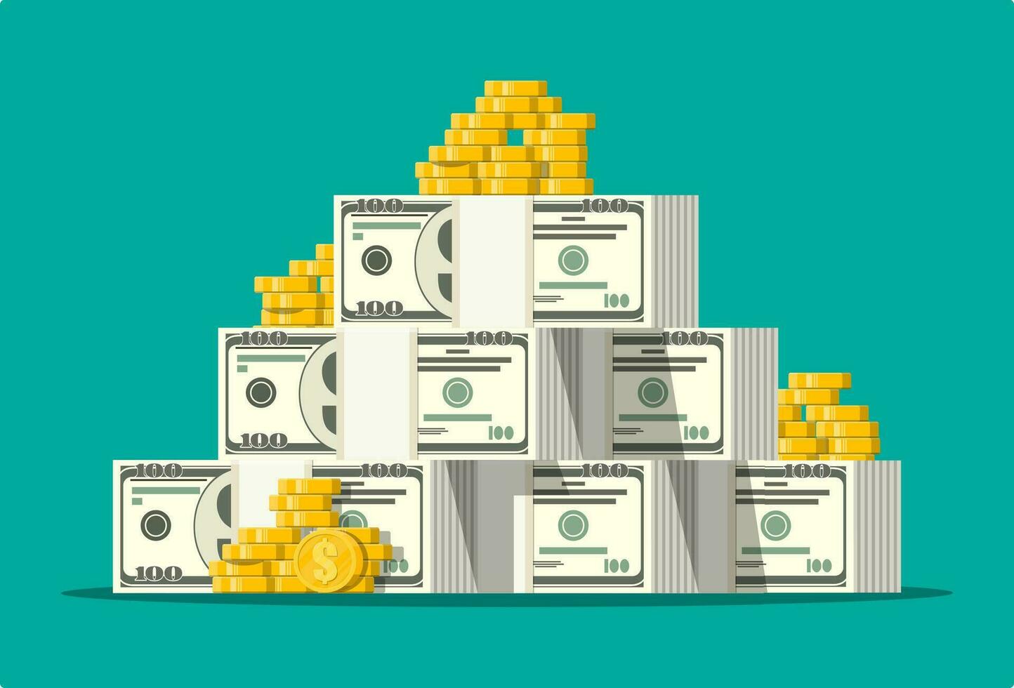 Stack of dollar banknotes and golden coins. Concept of savings, donation, paying. Symbol of wealth. Vector illustration in flat style