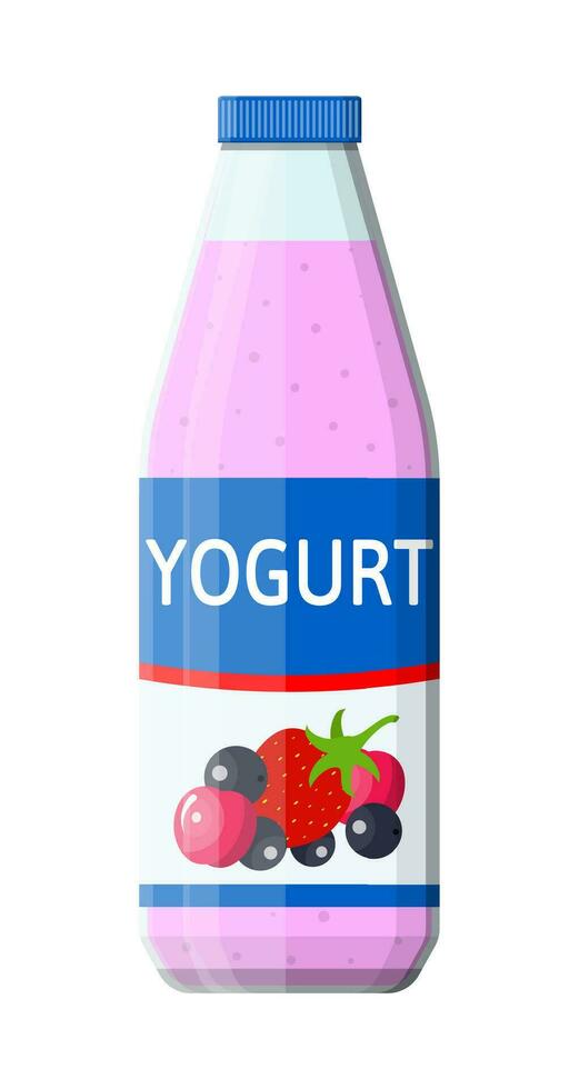 Plastic container with drinking yogurt. Strawberry black currant cherry yogurt dessert. Food plastic glass. Milk product. Organic healthy product. Vector illustration in flat style