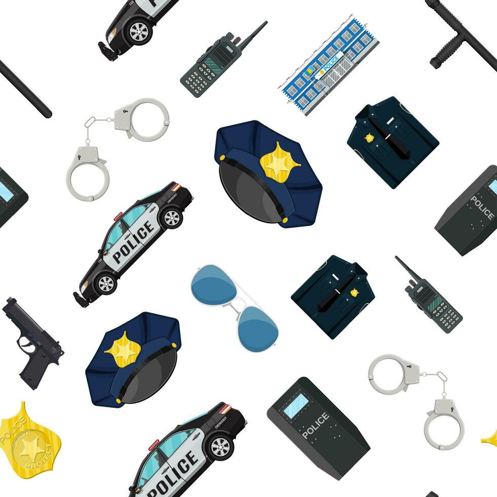 Seamless police equipment set pattern. Handcuffs, riot shield, handgun, truncheon, badge, radio, car and other element. Vector illustration in flat style