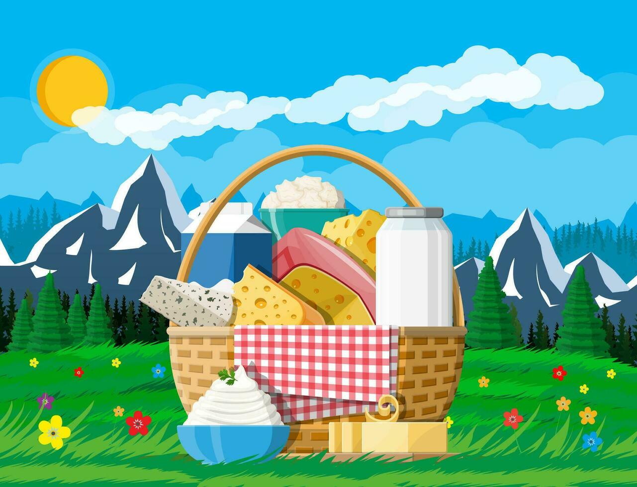 Dairy products set in basket. Collection of milk food. Milk, cheese, butter, sour cream, cottage, cream. Nature mountain landscape. Tradicional farm products. Vector illustration flat style