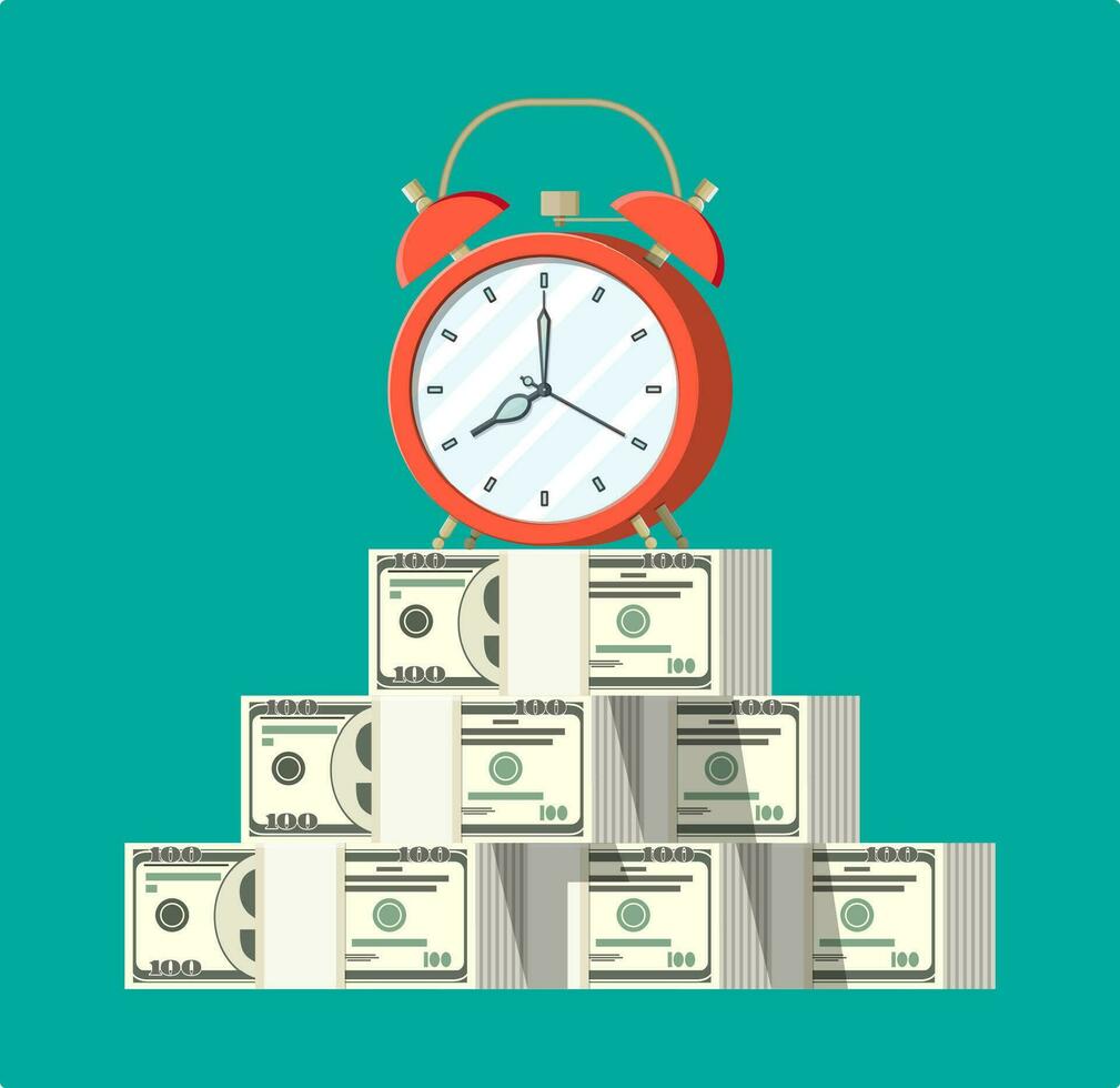 Clock, dollar banknotes. Annual revenue, financial investment, savings, bank deposit, future income, money benefit. Time is money concept. Vector illustration in flat style
