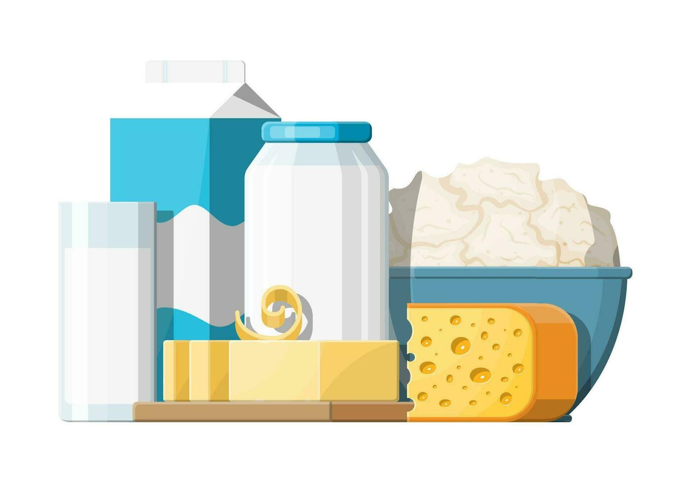 Milk products set with cheese, cottage and butter. Dairy food. Tradicional fresh farm products. Vector illustration in flat style