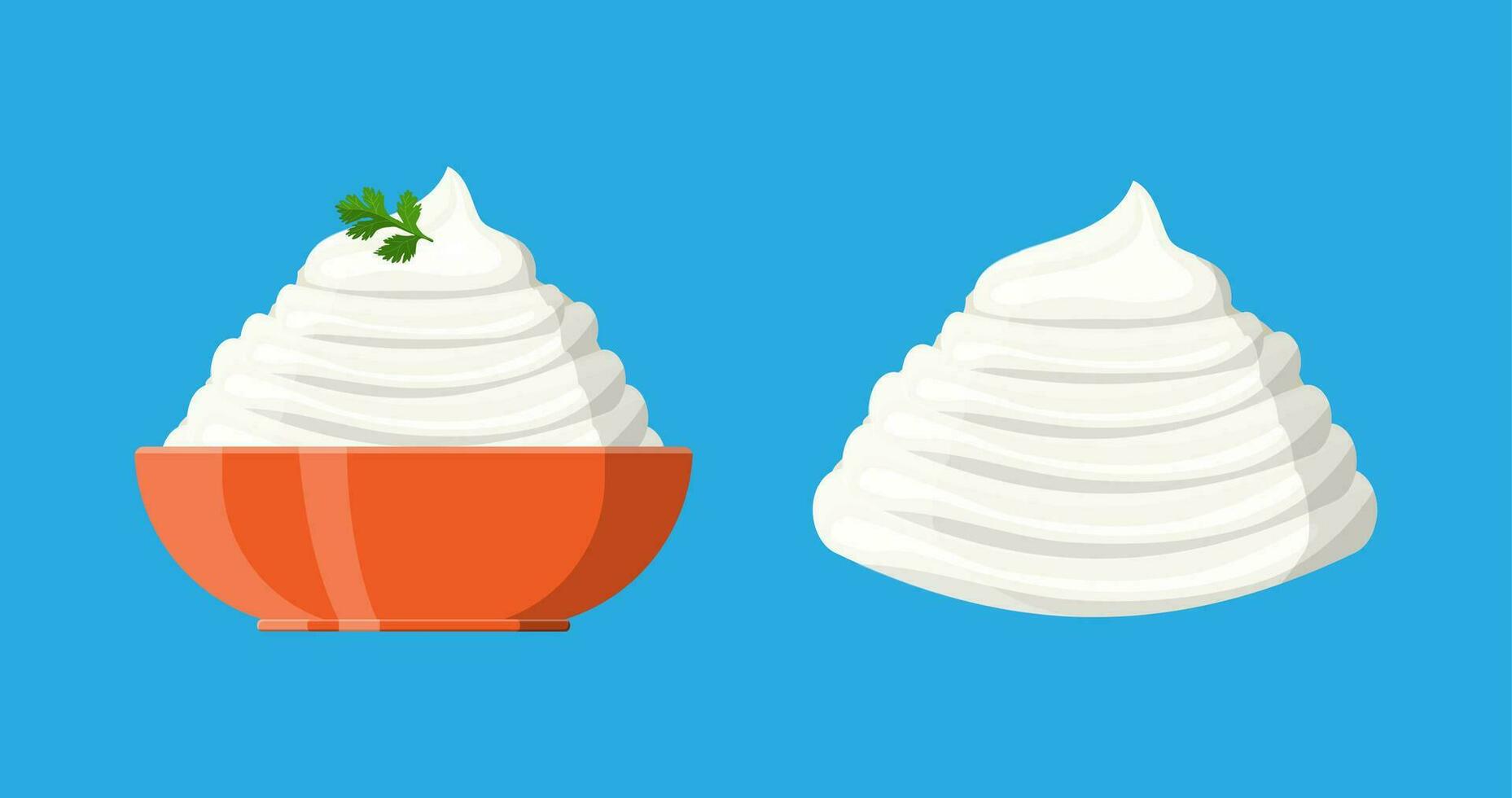 Sour cream sauce or mayonnaise with green parsley in bowl. Dairy milk product. Organic healthy product. Vector illustration in flat style