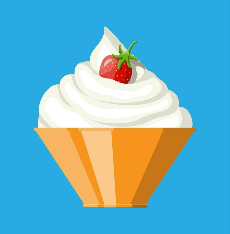 Ripe strawberry and whipping cream in bowl. Milk dessert. Sweet fruit. Fresh strawberry with green leaves. Organic healthy food. Vector illustration in flat style