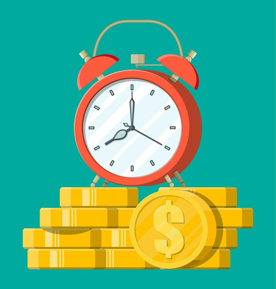 Clock, dollar golden coins. Annual revenue, financial investment, savings, bank deposit, future income, money benefit. Time is money concept. Vector illustration in flat style