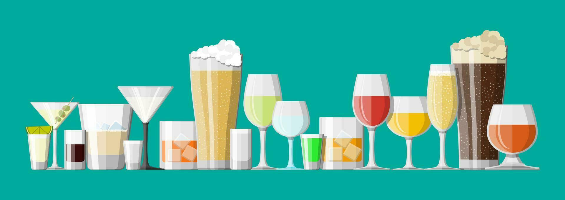 Alcohol drinks collection in glasses. Vodka champagne wine whiskey beer brandy tequila cognac liquor vermouth gin rum absinthe sambuca cider bourbon. Vector illustration in flat style.