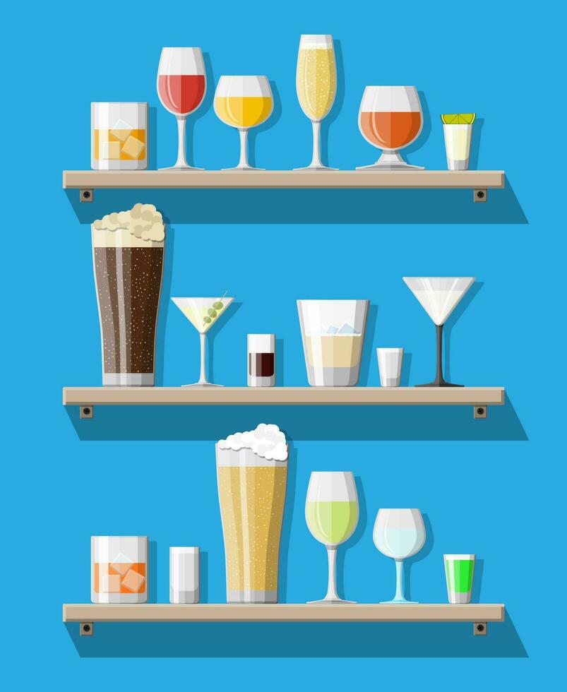 Alcohol drinks collection in glasses on shelves. Vodka champagne wine whiskey beer brandy tequila cognac liquor vermouth gin rum absinthe sambuca cider bourbon. Vector illustration in flat style.