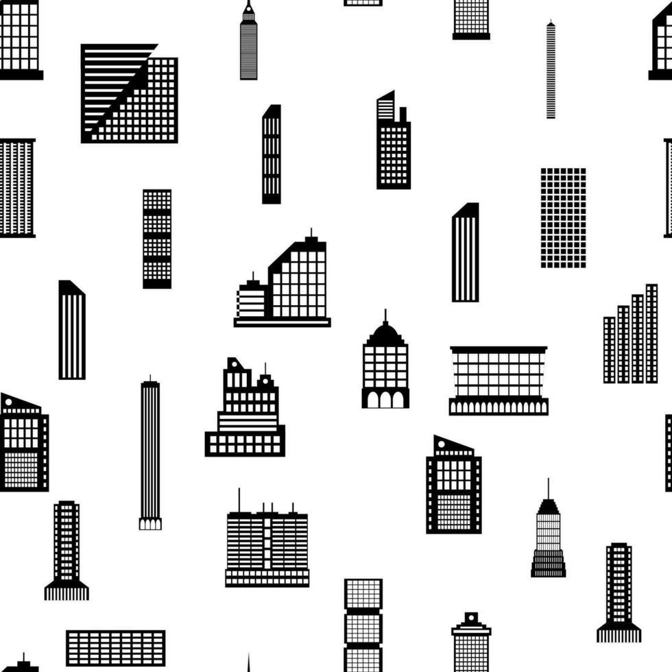 Seamless buildings megapolis pattern. Set of various city buildings. Residential and office, television tower. Vector illustration in flat style