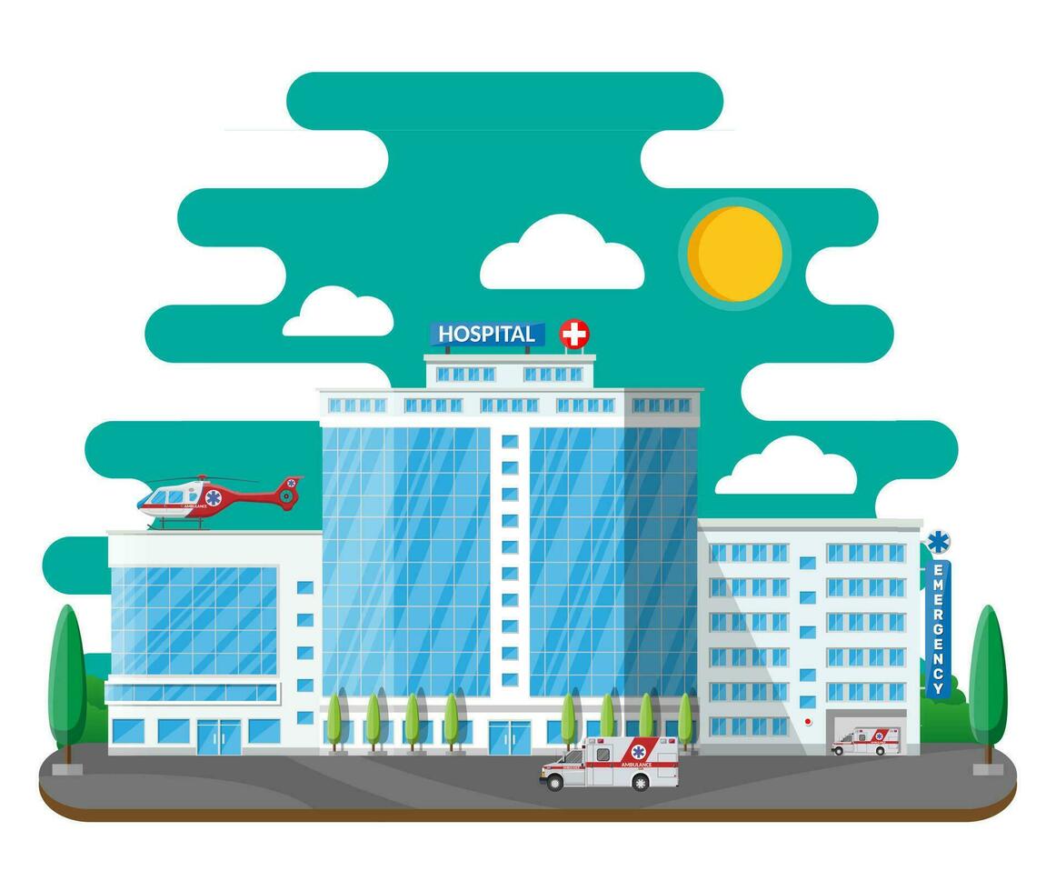 Hospital building, medical icon. Healthcare, hospital and medical diagnostics. Urgency and emergency services. Car and helicopter. Vector illustration in flat style