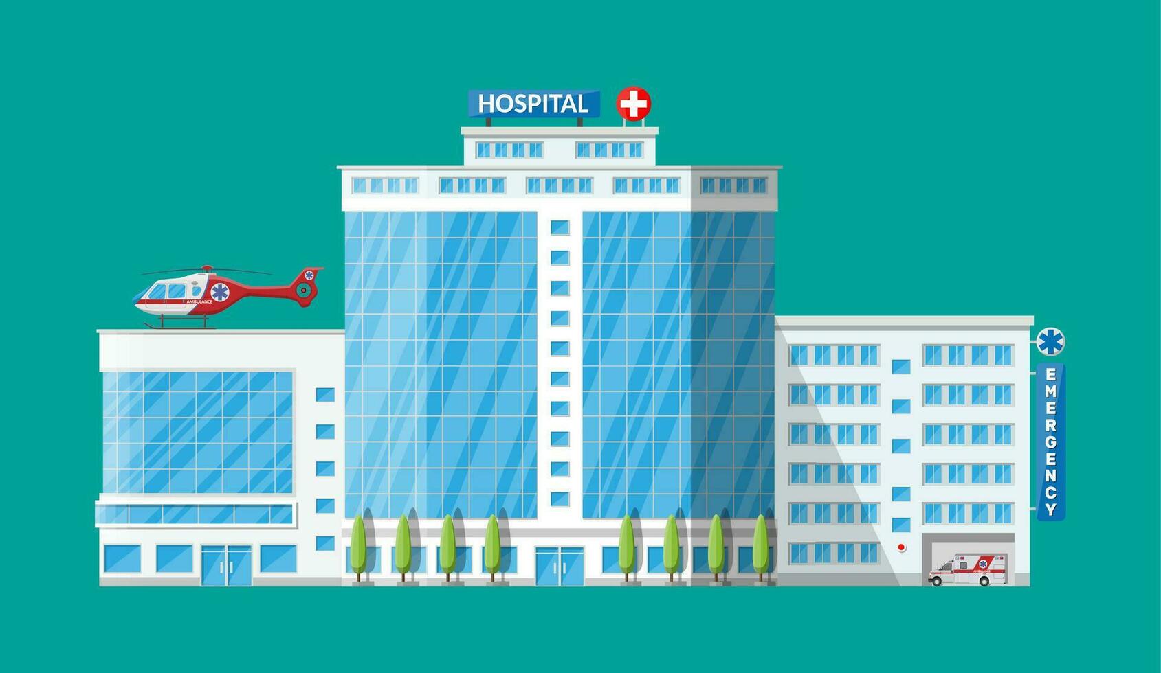 Hospital building, medical icon. Healthcare, hospital and medical diagnostics. Urgency and emergency services. Car and helicopter. Vector illustration in flat style