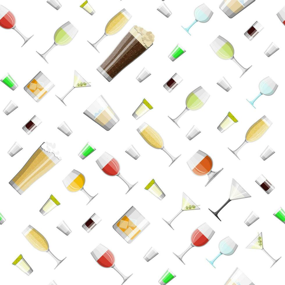 Alcohol drinks collection in glasses seamless pattern. Vodka champagne wine whiskey beer brandy tequila cognac liquor vermouth gin rum absinthe sambuca cider bourbon. Vector illustration in flat style