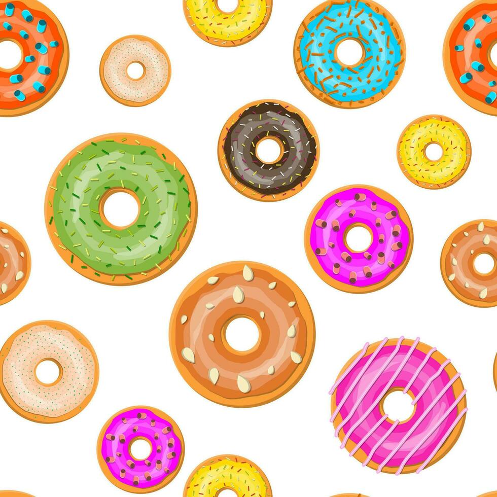 Seamless donut cake set pattern. Doughnut into glaze collection. Sweet sugar icing dessert. Vector illustration in flat style