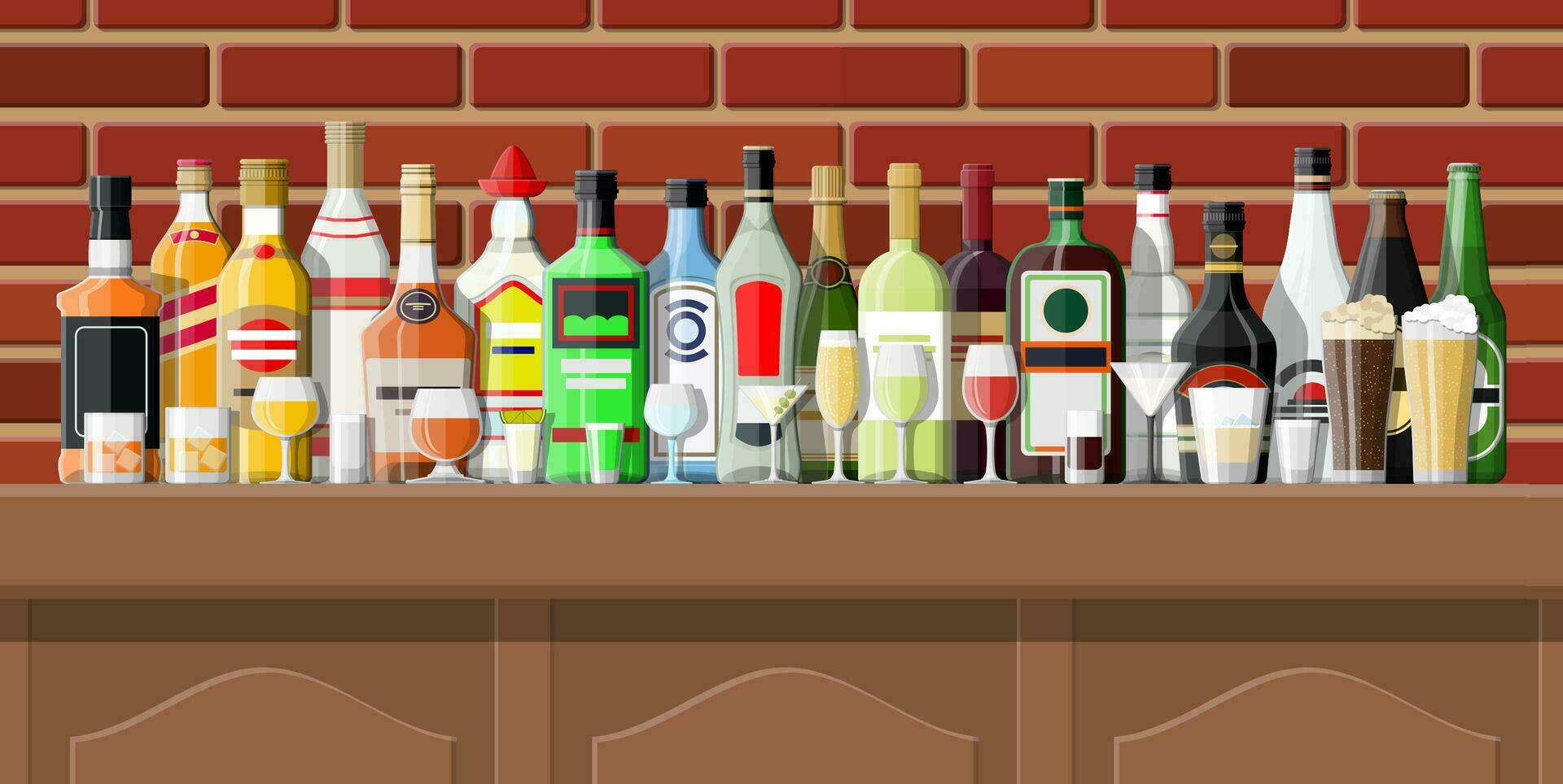 Bebiendo establecimiento. interior de pub, café o bar. bar encimera, estantería con alcohol botellas de madera y ladrillo decoración. vector ilustración en plano estilo