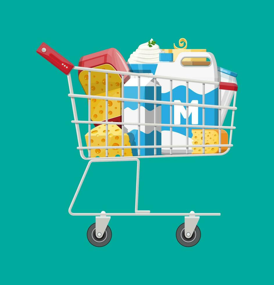 Milk products set in plastic shopping cart with cheese, cottage and butter. Dairy food. Tradicional fresh farm products. Vector illustration in flat style