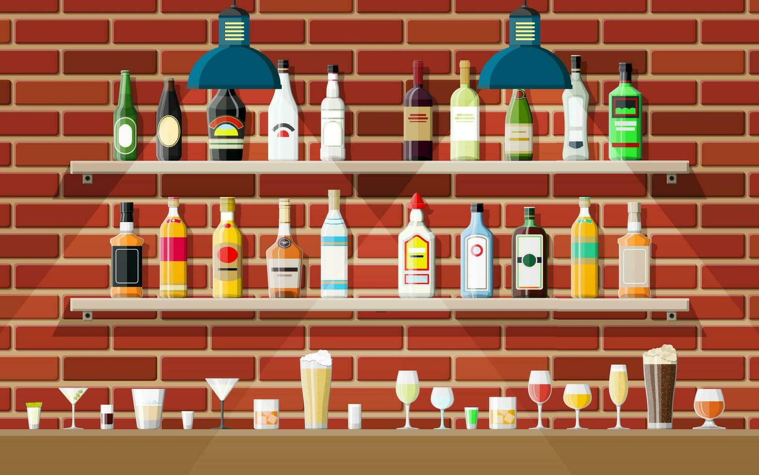 Bebiendo establecimiento. interior de pub, café o bar. bar encimera, estantería con alcohol botellas, lámpara. de madera y ladrillo decoración. vector ilustración en plano estilo