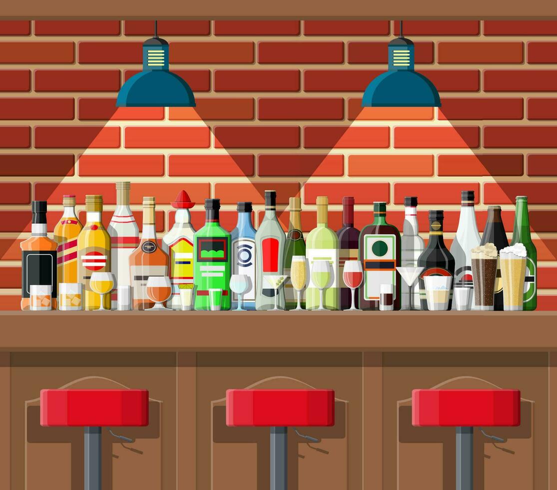 Drinking establishment. Interior of pub, cafe or bar. Bar counter, chairs and shelves with alcohol bottles. Glasses, lamp. Wooden and brick decor. Vector illustration in flat style