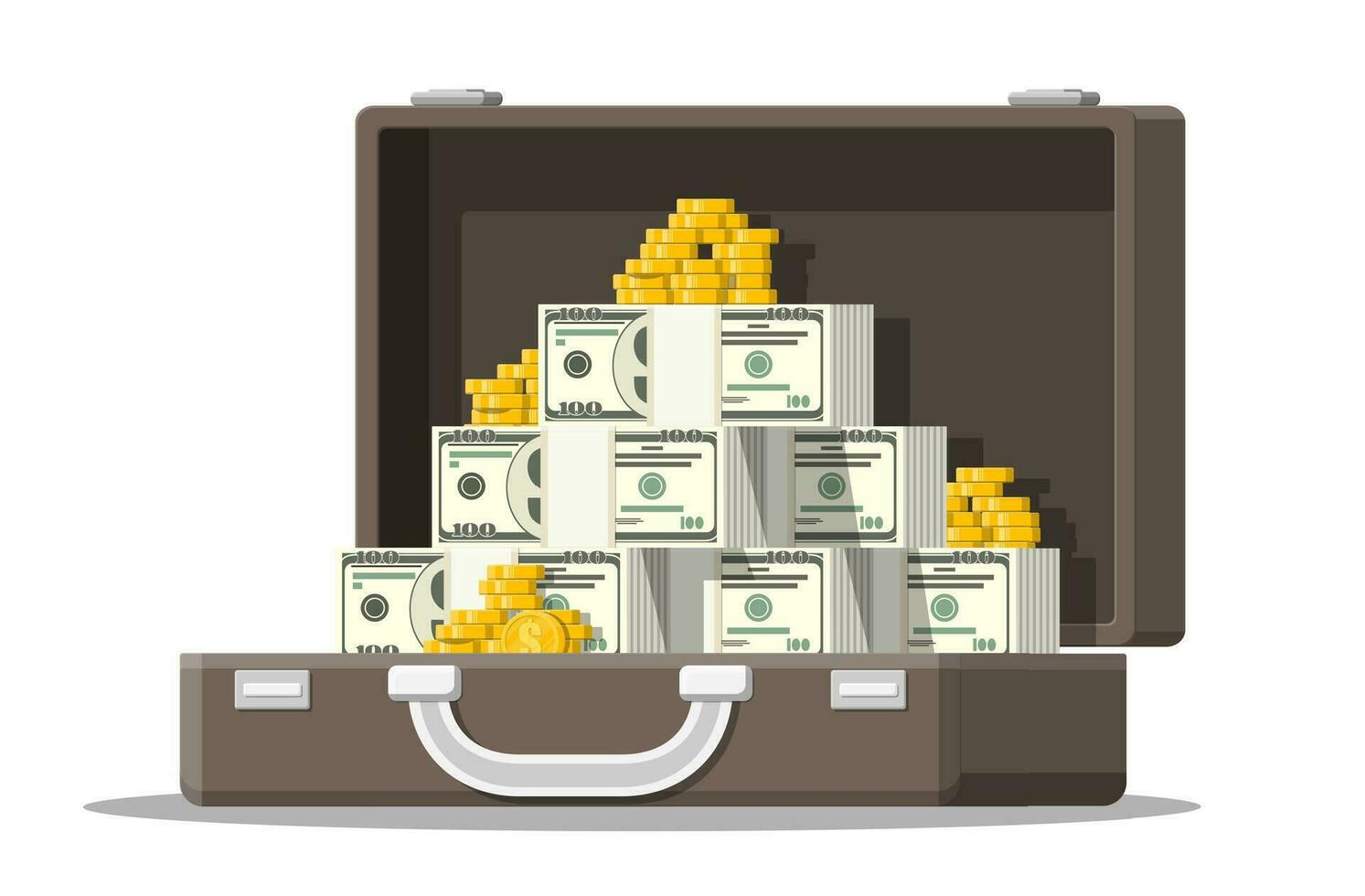 Open leather suitcase full of money. Stacks of dollar banknotes and golden coins in case. Symbol of wealth. Business success. Flat style vector illustration.