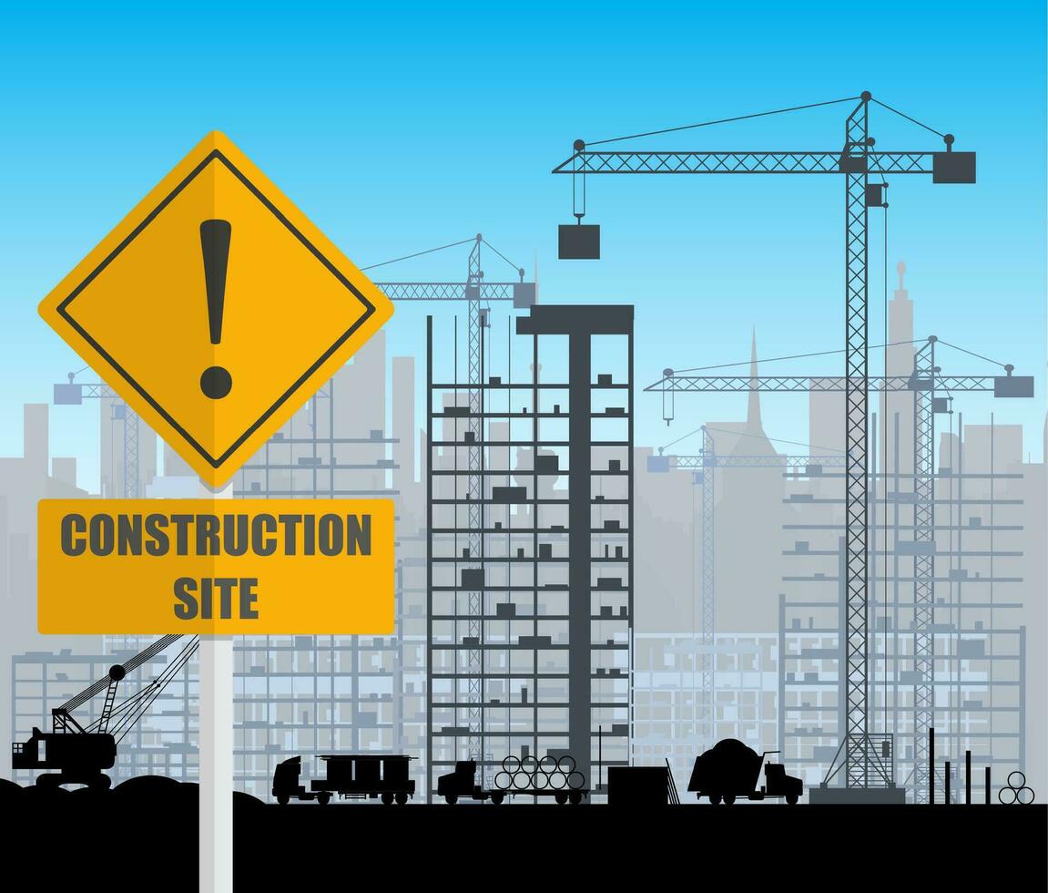 Construction site with buildings and cranes. skyscraper under construction. fence. vector illustration silhouette and blue sky