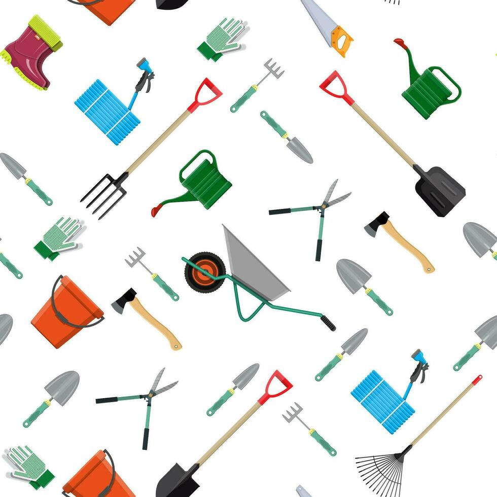 Seamless gardening tools pattern. Equipment for garden. Saw bucket ax wheelbarrow hose rake can shovel secateurs gloves boots. Vector illustration in flat style