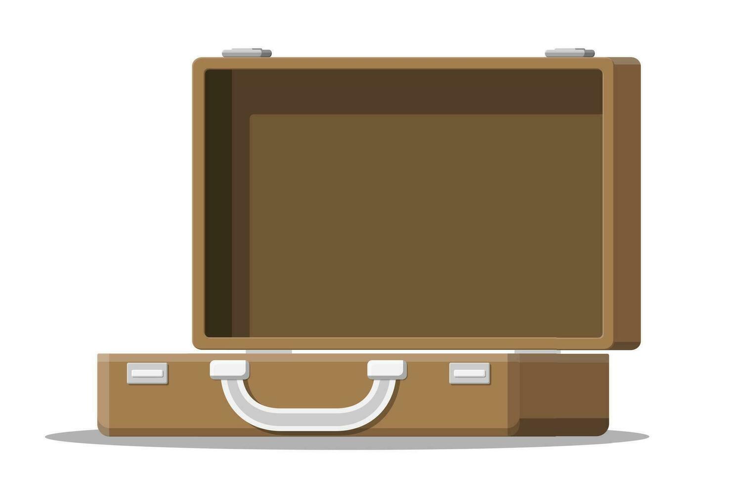 Open vintage suitcase for travel. Retro case for luggage. Empty bag, box, container for goods. Vector illustration in flat style