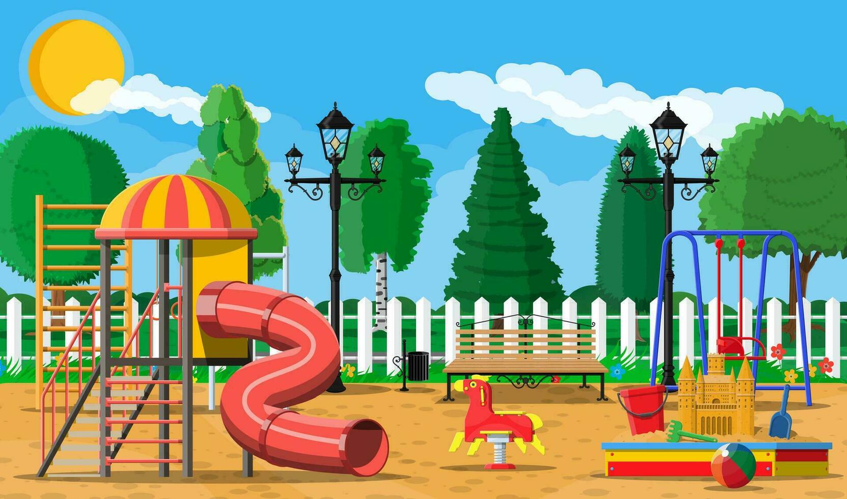 Kids playground kindergarten panorama. Urban child amusement. Slide ladder, rocking toy on spring, slide tube, swing carousel balancer, sandbox bucket rake castle scoop. Vector illustration flat style