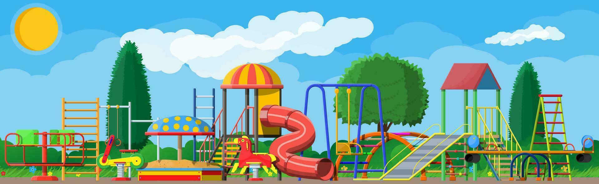 Kids playground kindergarten panorama. Urban child amusement. Slide ladder, rocking toy on spring, slide tube, swing carousel balancer, sandbox. Trees, sky, cloud sun. Vector illustration flat style