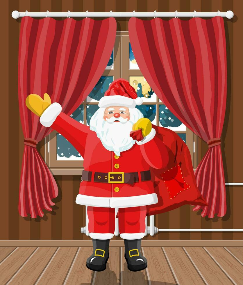 Christmas interior of room with window, santa claus gifts. Happy new year decoration. Merry christmas holiday. New year and xmas celebration. Vector illustration flat style