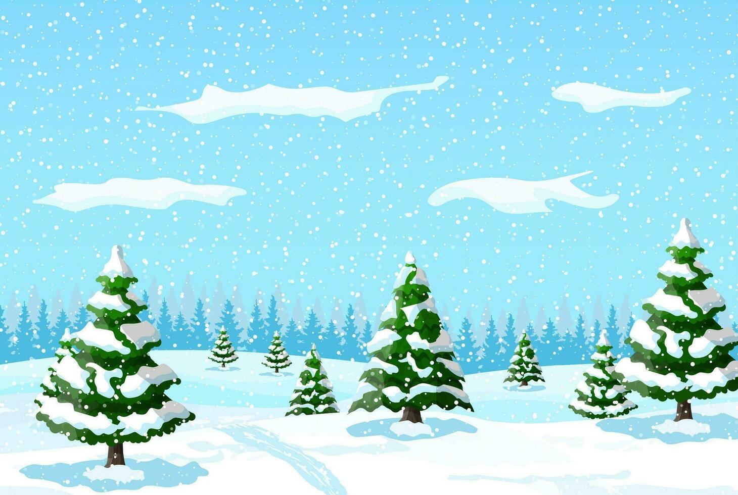 Winter landscape with white pine trees on snow hill. Christmas landscape with fir trees forest and snowing. Happy new year celebration. New year xmas holiday. Vector illustration flat style