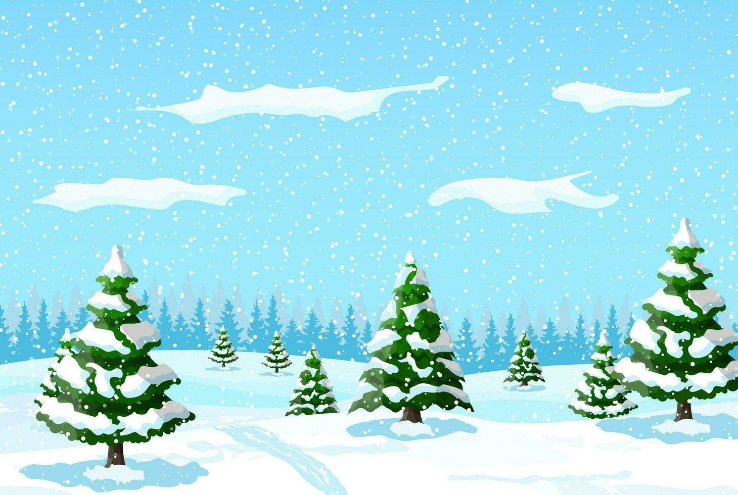 invierno paisaje con blanco pino arboles en nieve colina. Navidad paisaje con abeto arboles bosque y nevando contento nuevo año celebracion. nuevo año Navidad día festivo. vector ilustración plano estilo