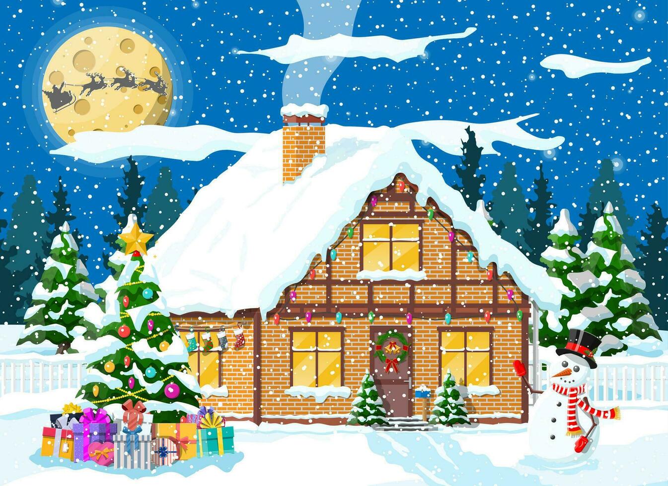 Suburban house covered snow. Building in holiday ornament. Christmas landscape tree, snowman, santa sleigh reindeers. New year decoration. Merry christmas holiday xmas celebration. Vector illustration