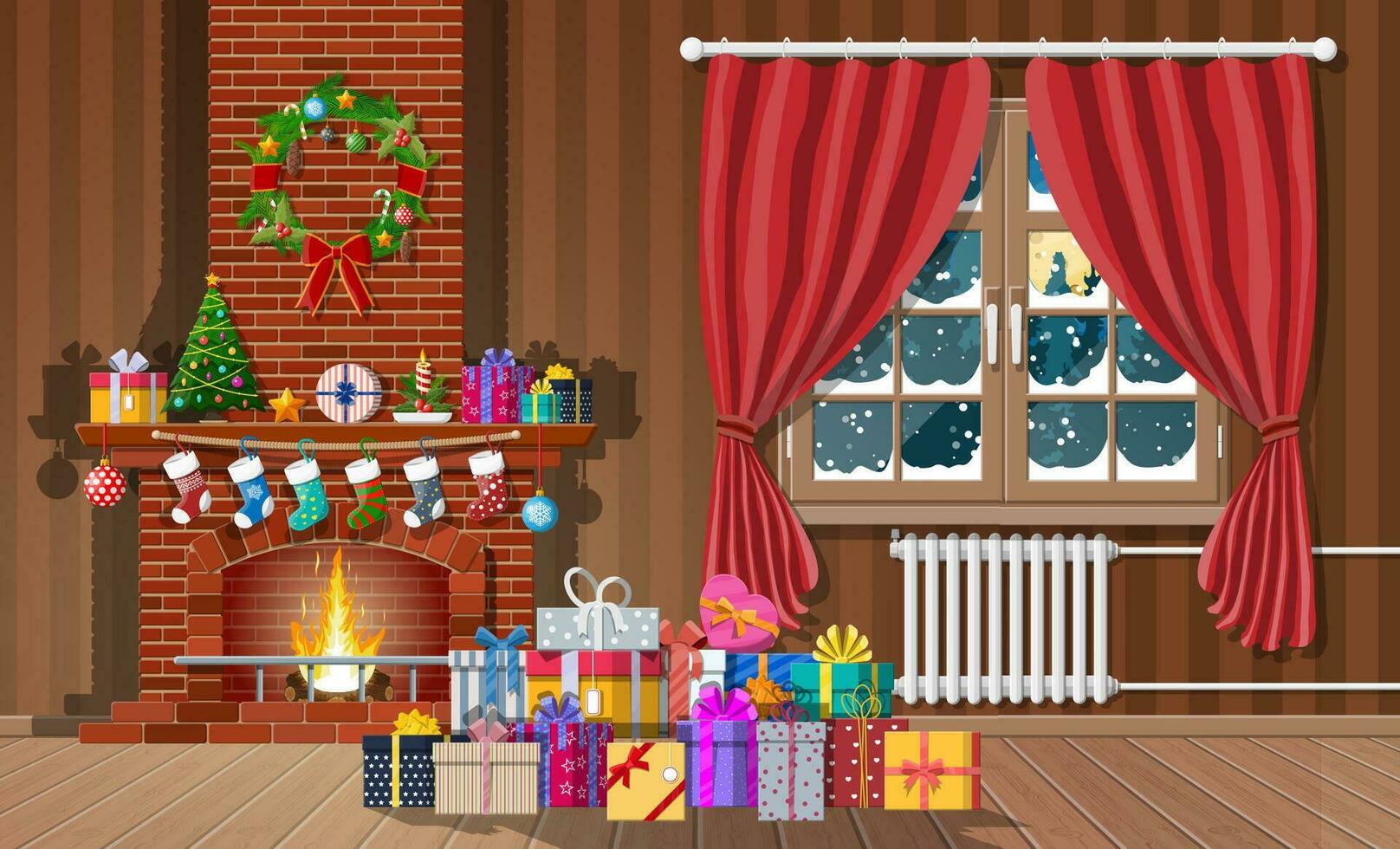 Christmas interior of room with window, gifts and decorated fireplace. Happy new year decoration. Merry christmas holiday. New year and xmas celebration. Vector illustration flat style