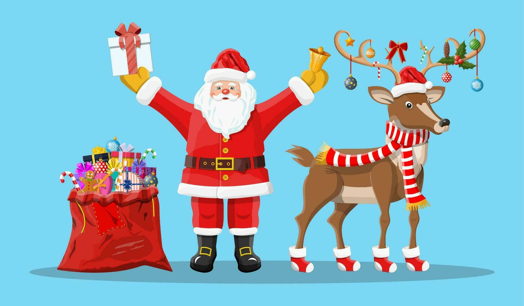 Santa claus with bell, bag full of gifts and his reindeer. Happy new year decoration. Merry christmas holiday. New year and xmas celebration. Vector illustration in flat style