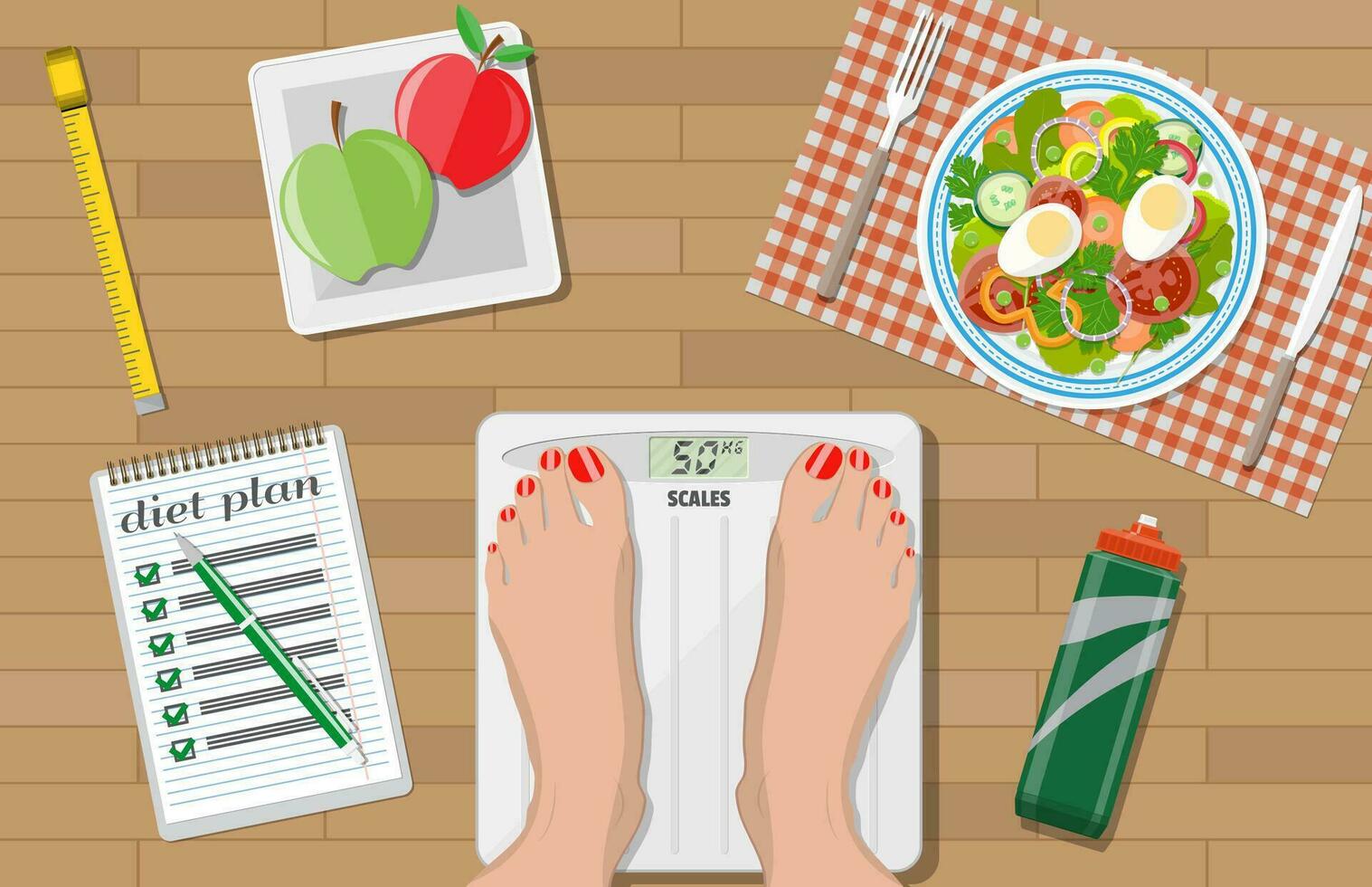 de madera escritorio con plato de ensalada, mujer pies en escamas, pulgada ruleta, Nota con dieta plan y bolígrafo, Deportes agua botella, manzanas peso pérdida, dieta, sano estilo de vida. vector ilustración en plano estilo