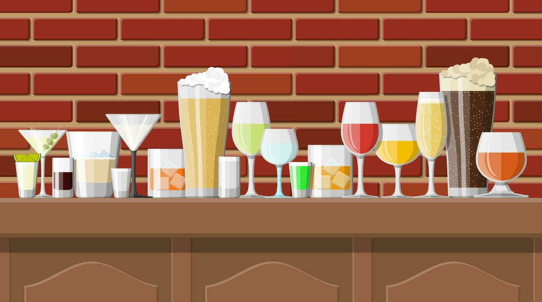 Alcohol drinks collection in glasses in bar. Vodka champagne wine whiskey beer brandy tequila cognac liquor vermouth gin rum absinthe sambuca cider bourbon. Vector illustration in flat style.