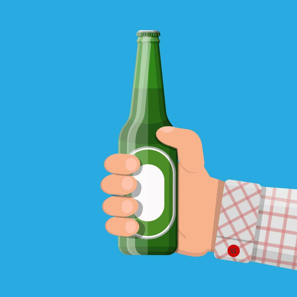 Bottle of beer in hand. Beer alcohol drink. Vector illustration in flat style