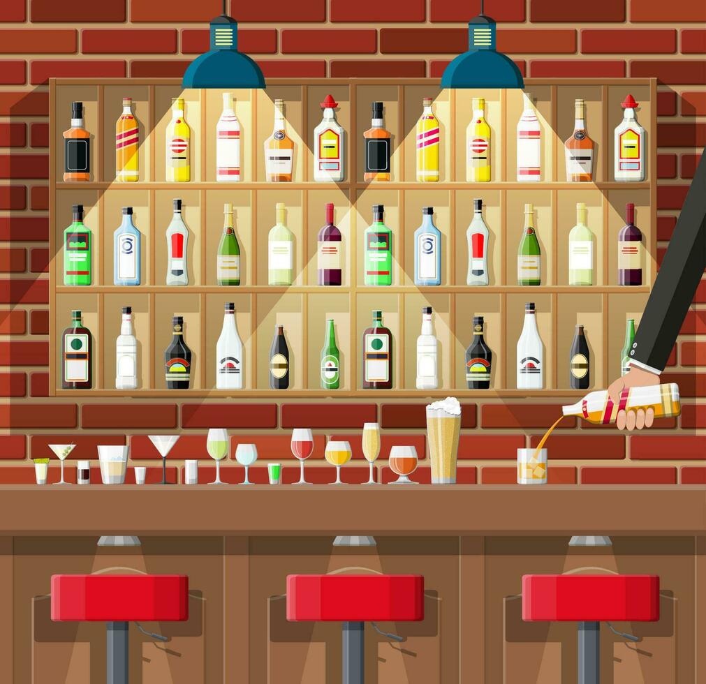 Drinking establishment. Interior of pub, cafe or bar. Bar counter, chairs and shelves with alcohol bottles. Glasses, lamp. Wooden and brick decor. Vector illustration in flat style