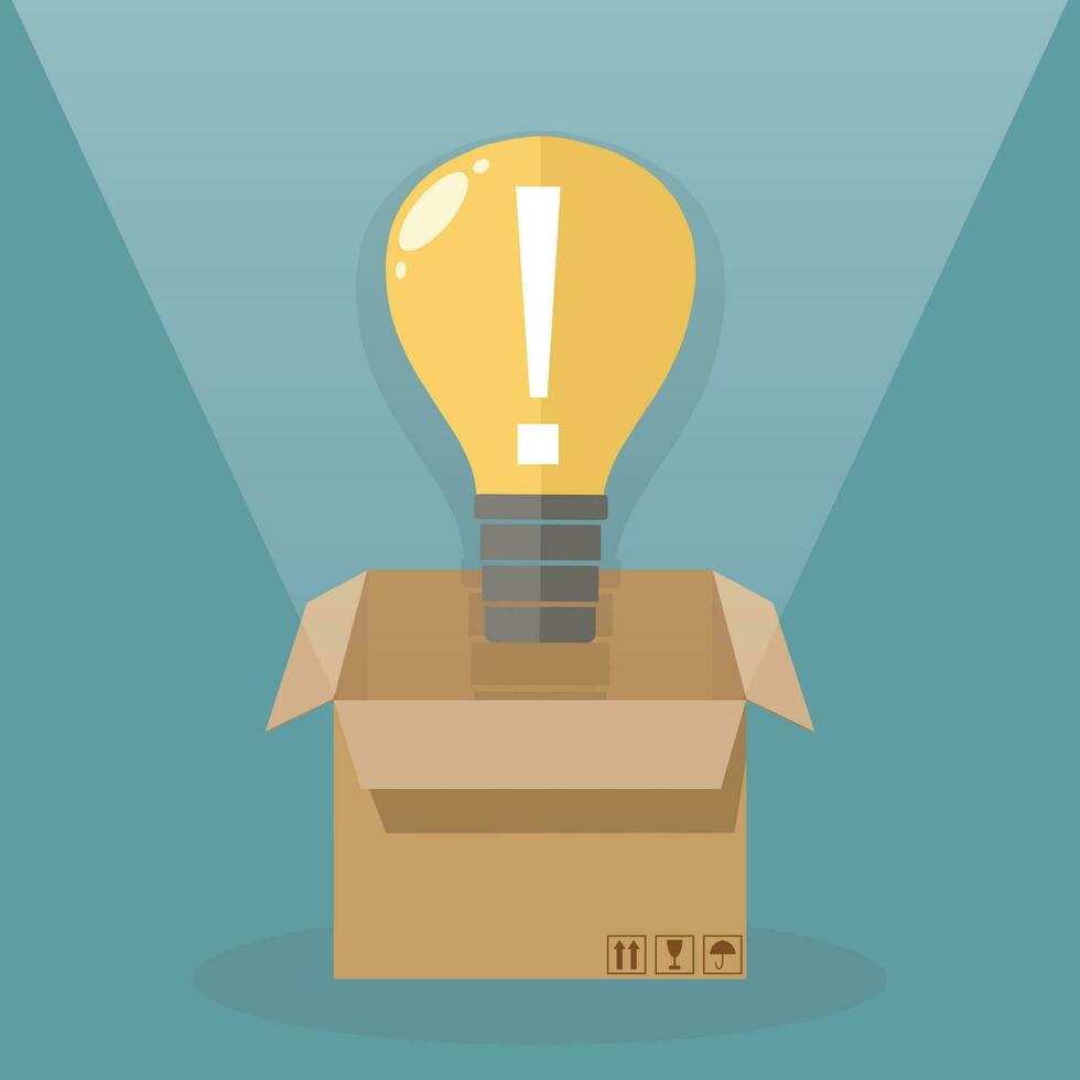 Light bulb outside the box. idea concept. vector illustration in flat design on blue background