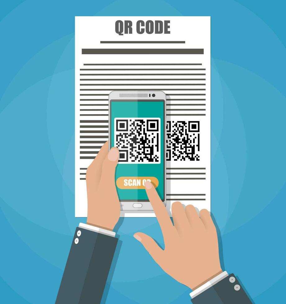 Cartoon hand with mobile phone scanning QR code from document. Electronic scan, digital technology, barcode. Vector illustration in flat design on blue background