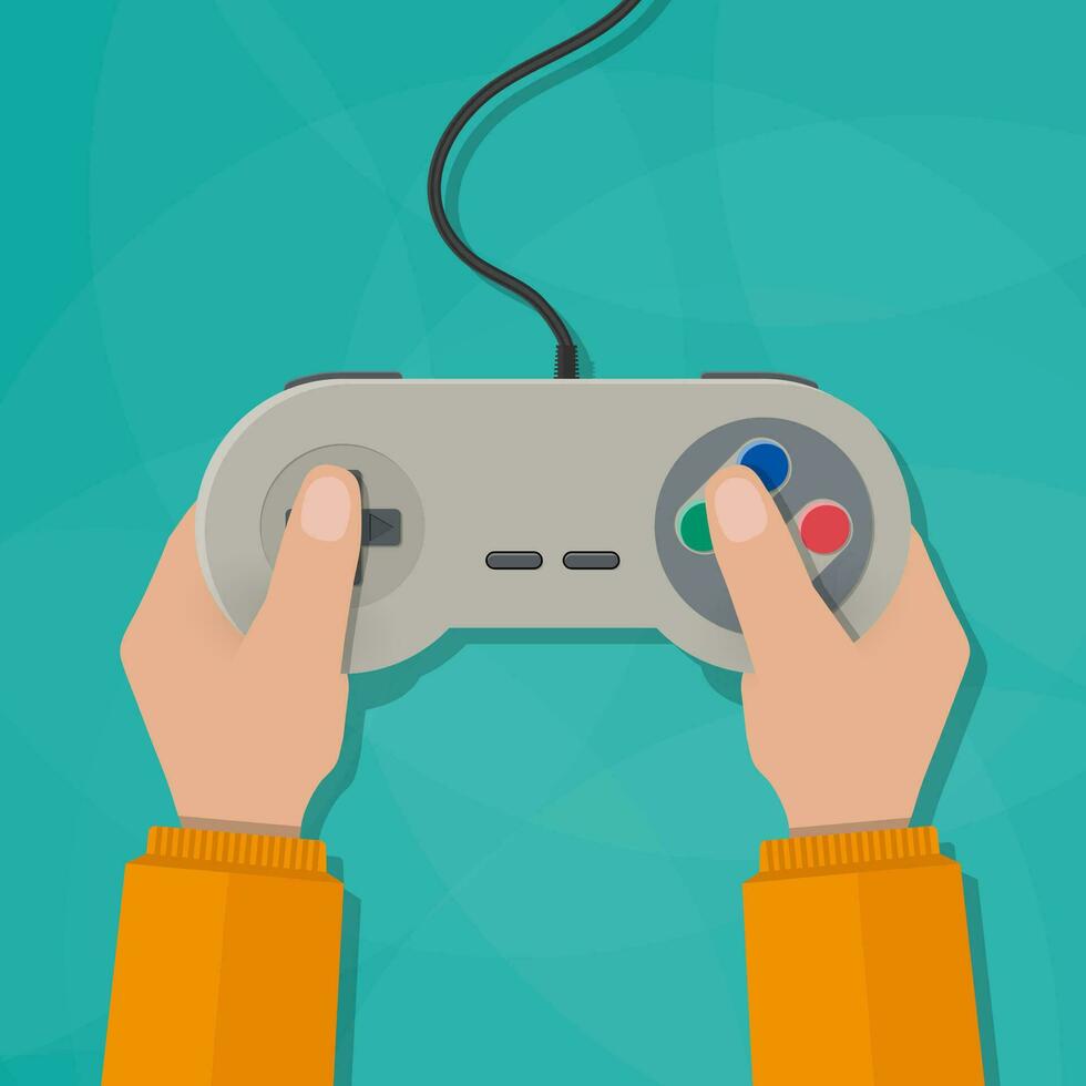 Hands holding wired old school gamepad. vector illustration in flat design on green background