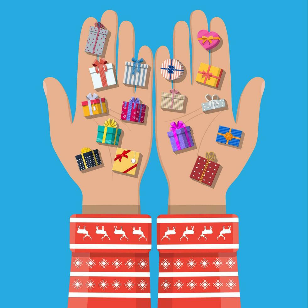Gift boxes in hand. Colorful wrapped. Sale, shopping. Present boxes different sizes with bows and ribbons. Collection for birthday and holiday. Vector illustration in flat style